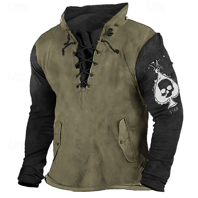Men's Hoodie Black Army Green Brown Green Hooded Skull Lace up Patchwork Print Sports & Outdoor Daily Holiday Polyester Streetwear Basic Casual Spring Fall Clothing Apparel Hoodies Sweatshirts3