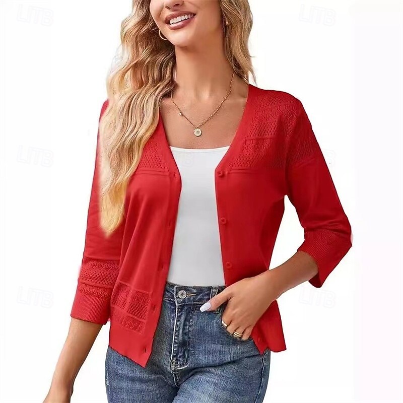 Women's Sweater Cardigan Fashion Streetwear Daily Solid Color Ribbed Open Front Knitted 3/4 Length Sleeve Regular Tops Knit Holiday Going out Weekend Black Pink Spring Fall3