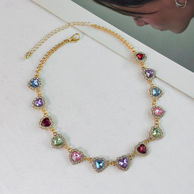 Women's Colorful Heart Crystal Choker Necklace - Cute Y2K Style Jewelry for Girls and Party Outfits4