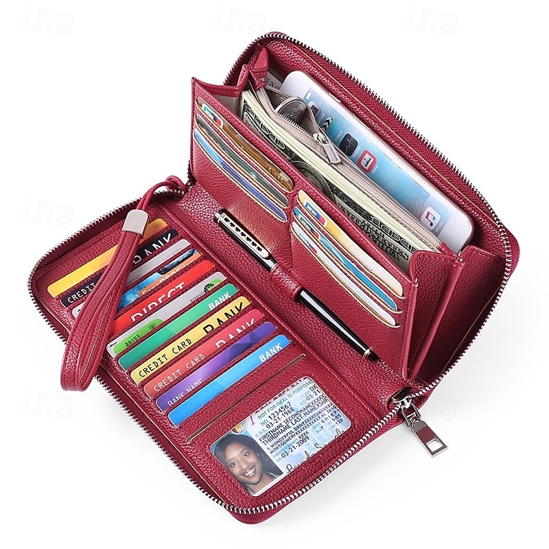 Women's Wallet Mobile Phone Bag PU Leather Outdoor Daily Zipper Large Capacity Lightweight Durable Solid Color Almond Wine Red Black