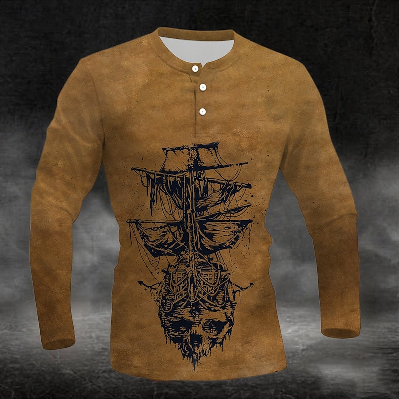 Men's Graphic Vintage Sailboat Henley Shirt Long Sleeve Fashion Cute Daily Casual Holiday Going out Spring &  Fall Dark Grey Blue Green Burgundy Purple Henley Henley T-Shirt