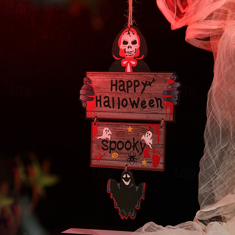 Halloween Wooden Hanging Sign Decor, Cartoon 3-Piece Printed Ghost and Skull Plaque, Colorful Wall or Door Ornament for Halloween Party, Home Decoration, and Spooky Scene Setup3