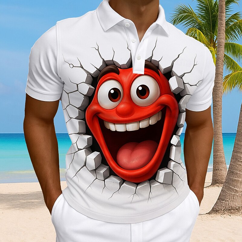 Men's Cartoon Funny Smile Face Polo Short Sleeve Polo Shirts Collared Shirts Casual Athleisure Daily Wear 3D Print Buttons Summer Yellow Red Blue2