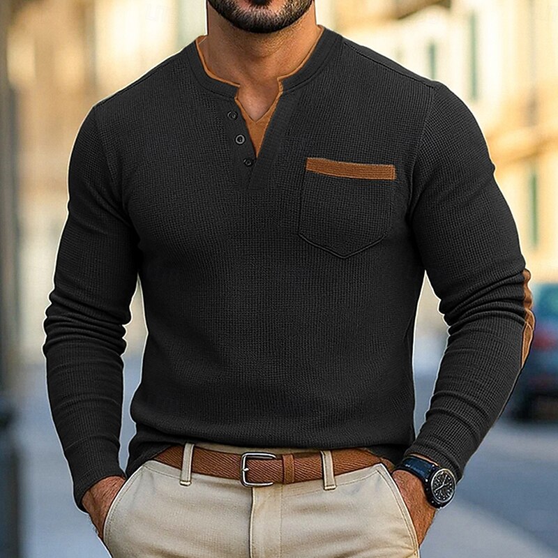 Men's Waffle Tee Waffle Henley Shirt Long Sleeve Solid Color Solid Fashion Basic Casual Fake two piece V Neck Henley Street Casual Sports Spring Fall Spring &  Fall Black Navy Blue Green Henley4