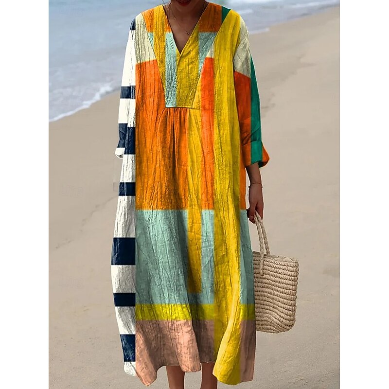 Women's Midi Dress V Neck Long Sleeve Kaftan Lightweight Loose Fit A Line Dress Casual Boho Party Going out Graphic Geometric Long Sleeve V Neck White Blue Orange Fall2