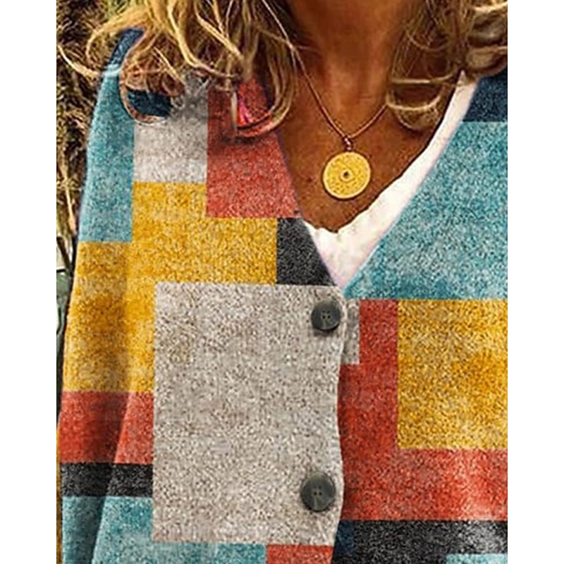 Women's Sweater Cardigan Fashion Streetwear Daily Plaid Color Block Ribbed V Neck Knitted Print Long Sleeve Regular Tops Knit Holiday Going out Weekend Yellow Fall Winter2