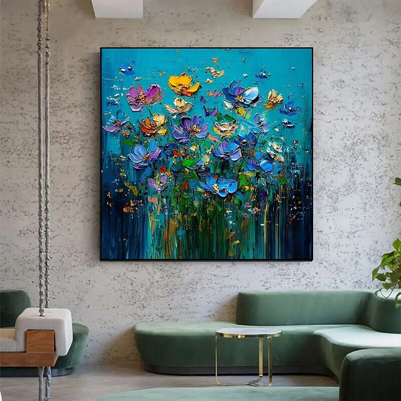 Handmade Oil Painting Wall Art Decoration Modern Abstract Blue Background Thick Oil Knife Flowers for Home Dining Room Decor Stretched Frame Hanging Painting/Rolled Canvas (No Frame)
