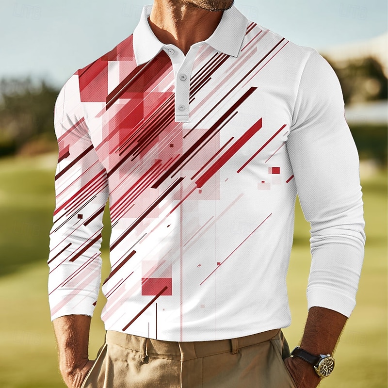Men's Geometric Abstract Polo Long Sleeve Polo Shirts Lapel Casual Outdoor Street Athleisure Daily Wear 3D Print Buttons Spring Fall Winter Red Blue Green4