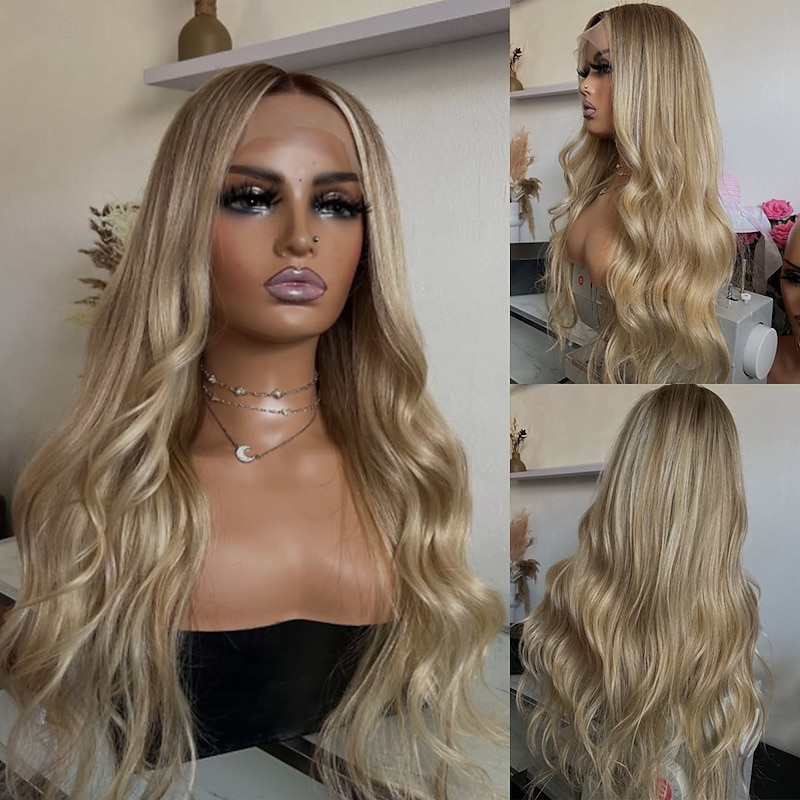 Human Hair 5x5 Closure 13x4 Lace Front Wig Middle Part Brazilian Hair Wavy Blonde Multi-color Wig 150% 180% Density with Baby Hair Highlighted / Balayage Hair 100% Virgin Glueless Pre-Plucked For - Main Image