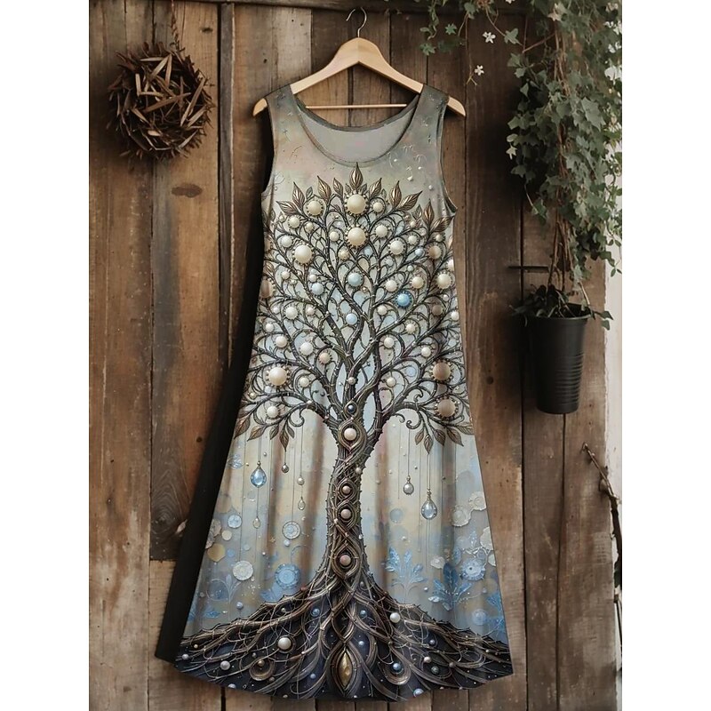 Women's  tree of life Merkabah Midi Dress Sundress A Line Dress Vacation Casual Boho Wedding Party Going out Standard Fit Floral Graphic Leaf Sleeveless U Neck Silver2