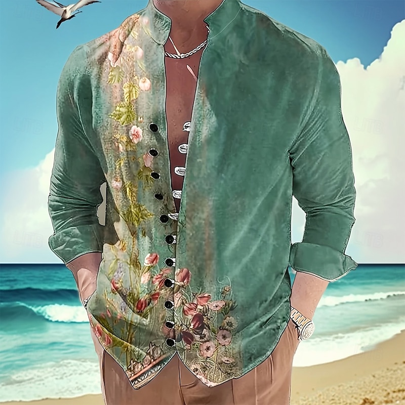 Men's Floral Print Flowers Shirt Stand Collar Shirt Long Sleeve Casual Vacation Daily Wear Going out Spring Fall Mandarin Collar Band Collar Button-Down Linen Like Shirt Green2
