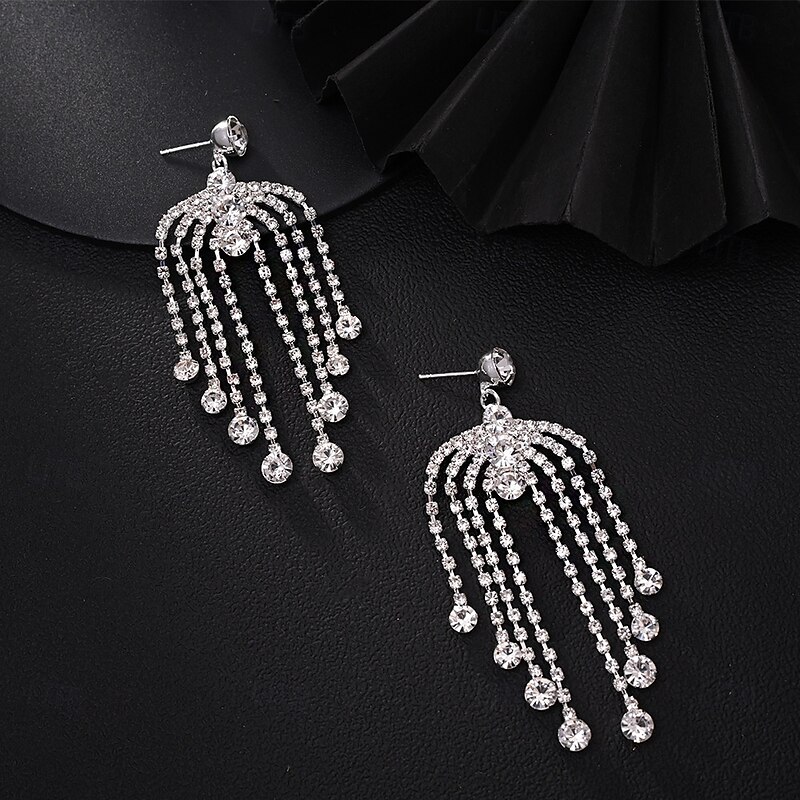 Women's Stud Earrings Tassel Fringe Precious Fan Elegant Fashion Personalized Imitation Diamond Earrings Jewelry Silver For Wedding Party Work Daily 1 Pair3