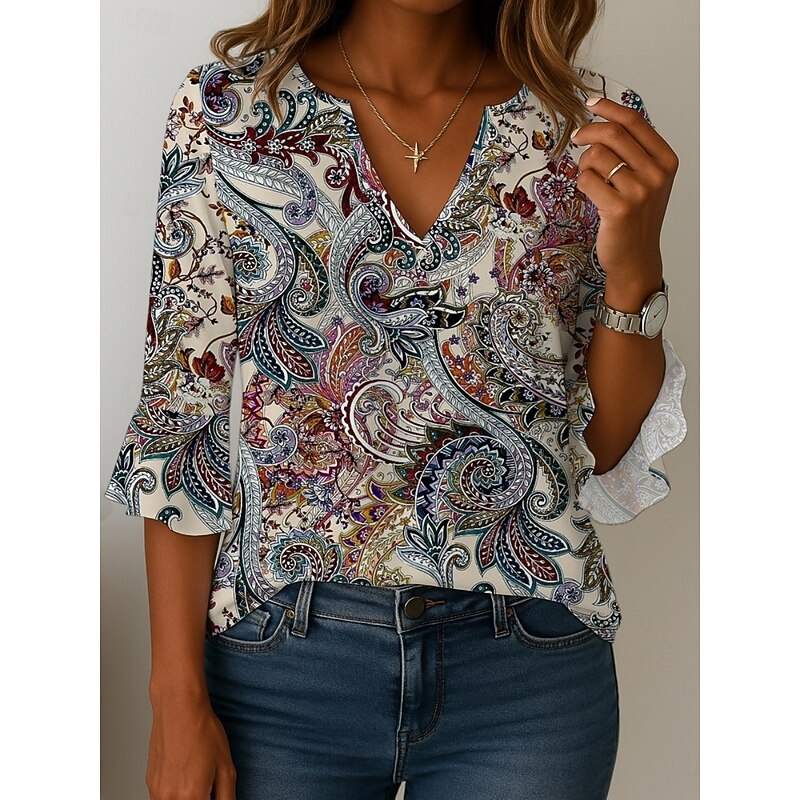 Women's Blouse Floral Graphic Retro Vintage Ethnic 3/4 Length Sleeve V Neck Regular Tops Daily Holiday Print Red Blue Brown Khaki Summer Spring Fall3