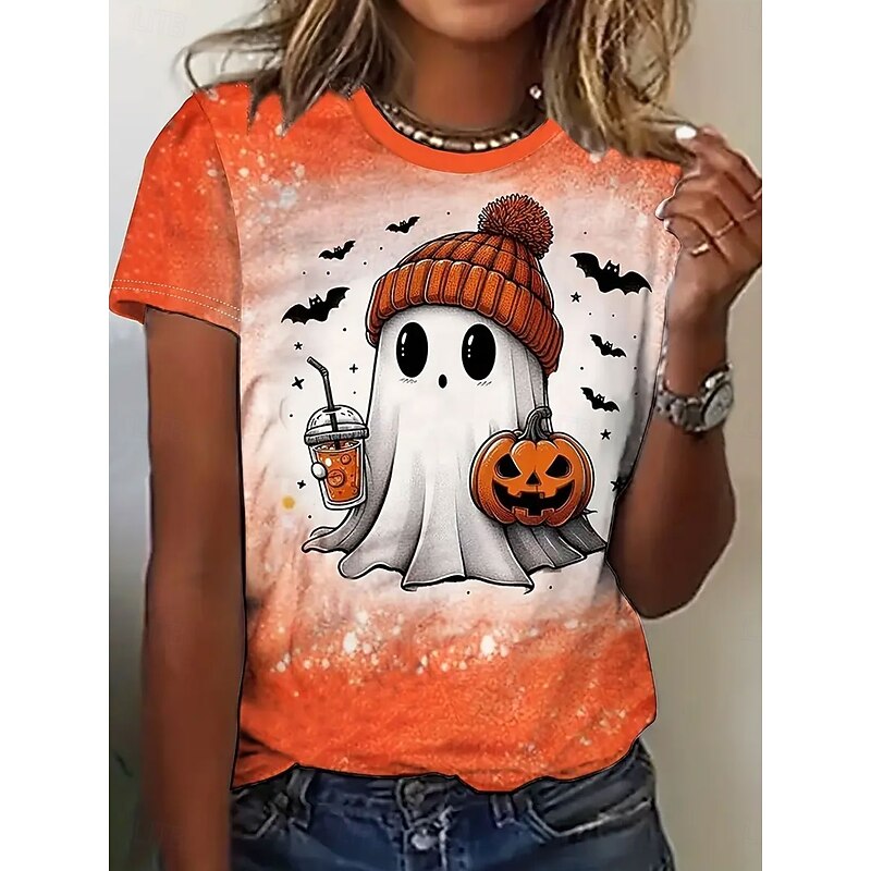 Halloween Women's T shirt Ghost Graphic Pumpkin Vintage Stylish Classic Short Sleeve Crew Neck Round Neck Regular Tops Daily Weekend Print Orange Summer Fall
