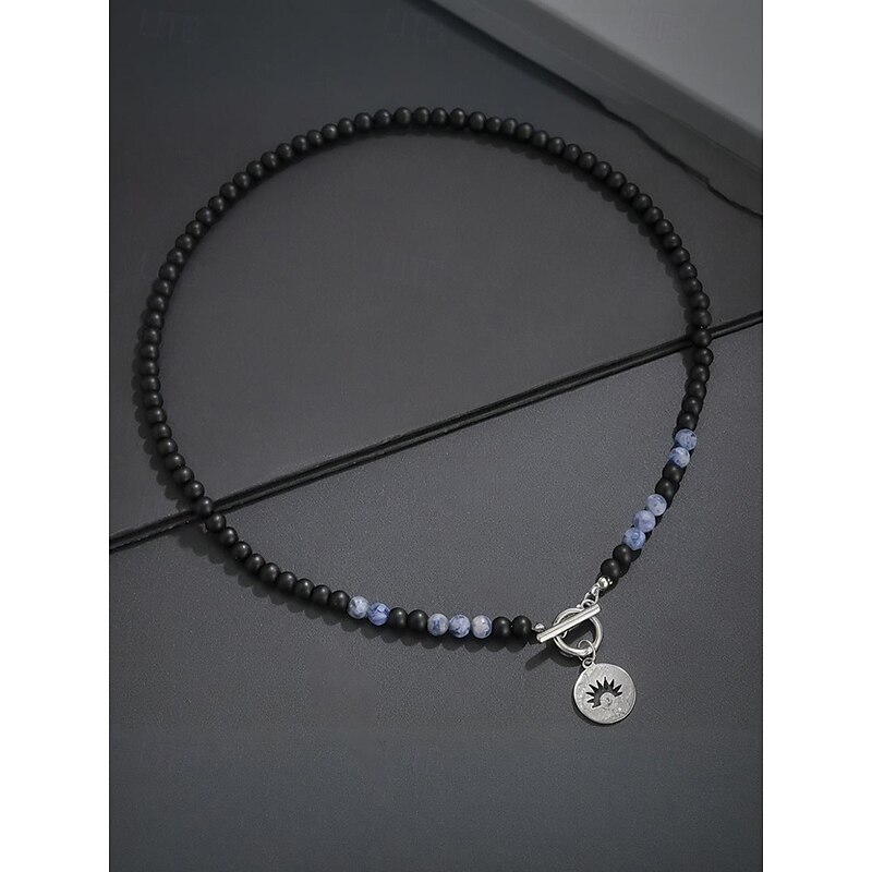 Men's Natural Stone Beaded Necklace – Black and Blue Gemstone Choker with Sun Charm Pendant, Toggle Clasp for Boho or Party Outfits3