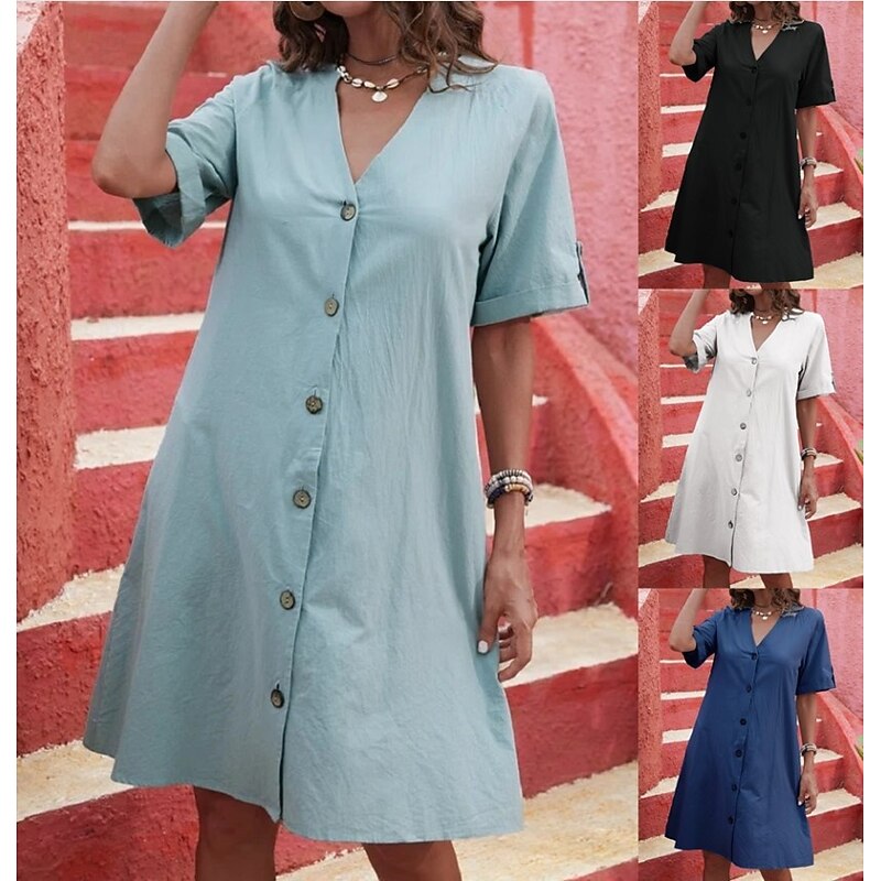 Women's Mini Dress Summer Dress Casual Daily Regular Fit Plain Short Sleeve V Neck Black White Sky Blue Dark Blue Summer