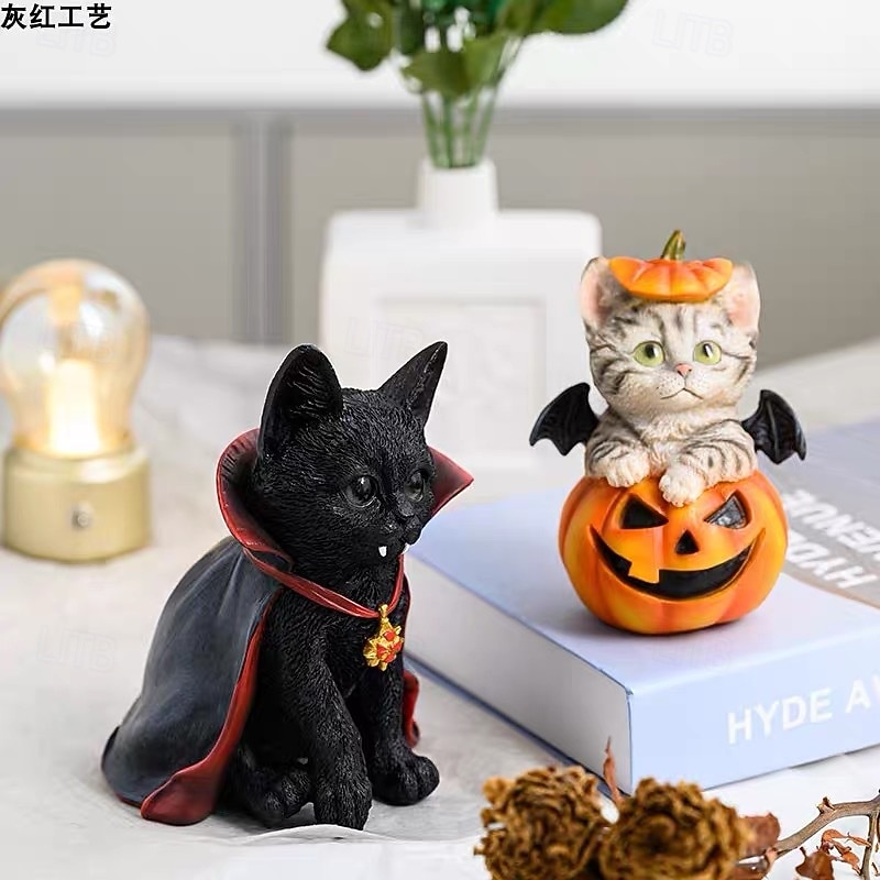 Halloween Pumpkin Bat Cat Resin Statue, Spooky Black Cat Figurine for Halloween Table Decor, Cute Gothic Halloween Sculpture for Home or Party Decoration4