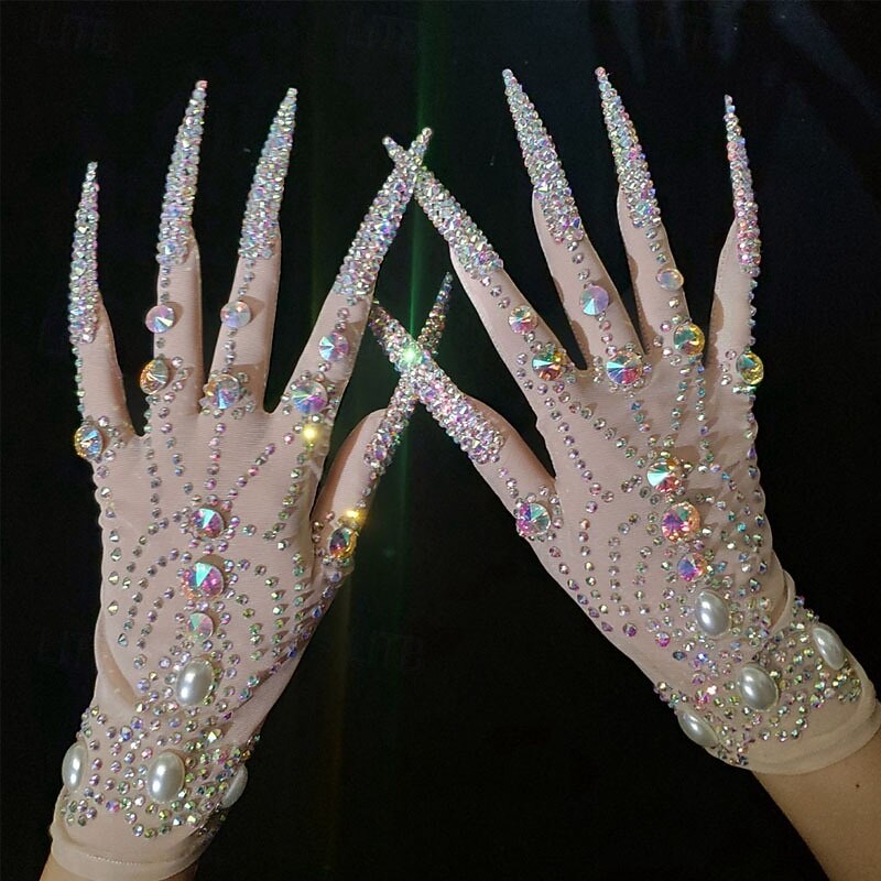 Rhinestone Sparkly Gloves Women Long Glitter Mesh Sheer Elbow Length Opera Novelty Gloves With Nails Nude One Size