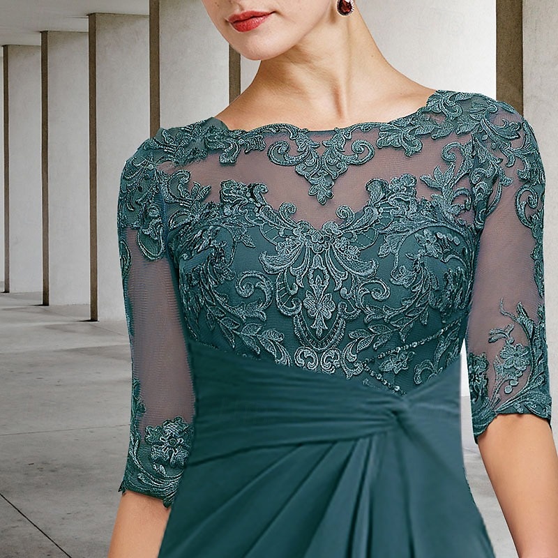 Sheath Mother of the Bride Dress Wedding Guest Elegant Plus Size Jewel Neck Floor Length Chiffon Lace Short Sleeve with Appliques Side-Draped4