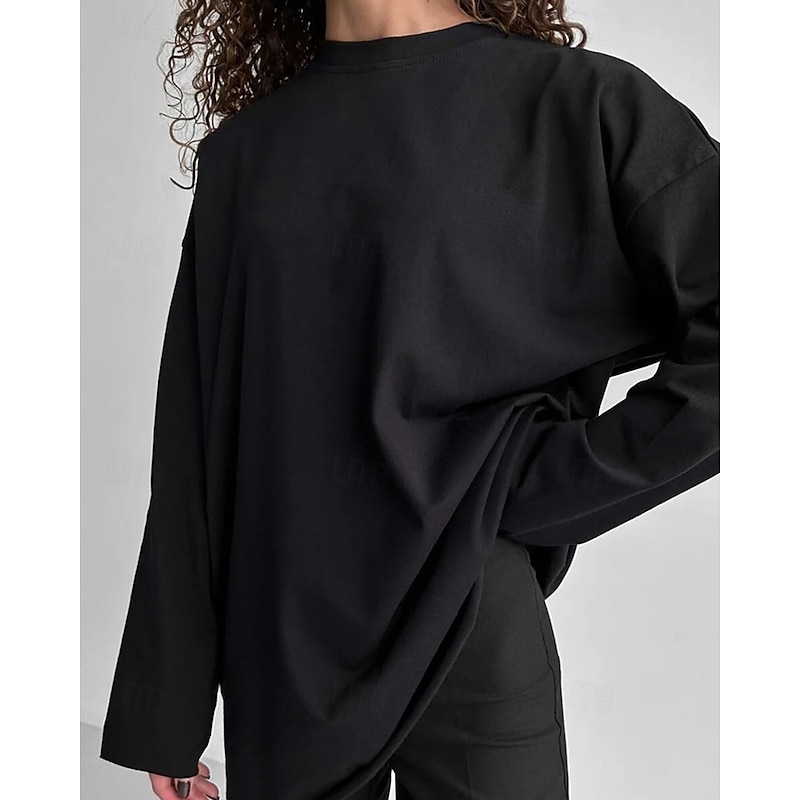 Women's Texture Blouse T Shirt Plain Fashion Modern Long Sleeve Crew Neck Regular Tops Daily Black White Brown Summer4