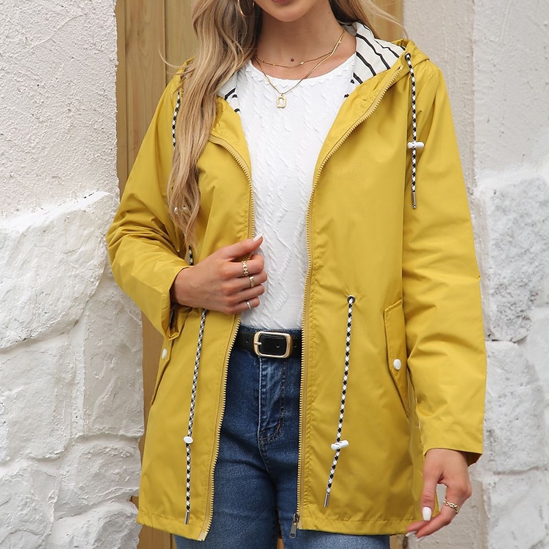 Women's Coat Waterproof Comfortable Pocket Full Zip Drawstring Fashion Street Style Plain Outdoor Casual Daily Long Hooded Regular Fit Long Sleeve Outerwear Black Yellow Pink Fall Winter4