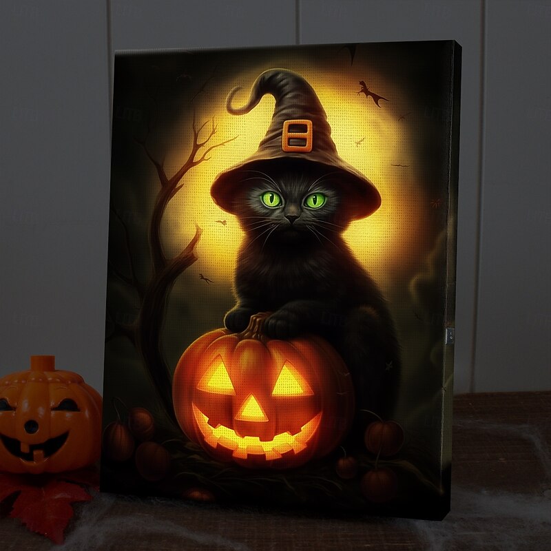 Halloween Black Cat Witch with Pumpkin LED Canvas Wall Art - Battery Operated Lighted Wall Decor for 2025 Halloween home decoration light livingroom and bedroom