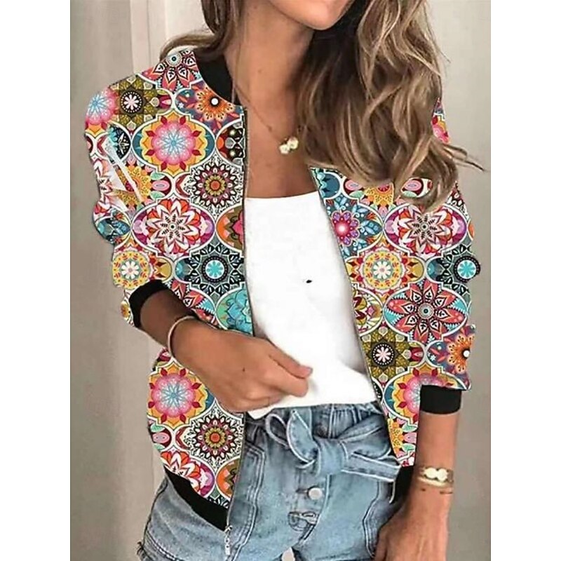 Women's Casual Jacket Comfortable Breathable Zipper Print Casual Floral Vacation Street Daily Wear Going out Zipper Regular Stand Collar Regular Fit Long Sleeve Outerwear Black Red Blue Summer Spring4