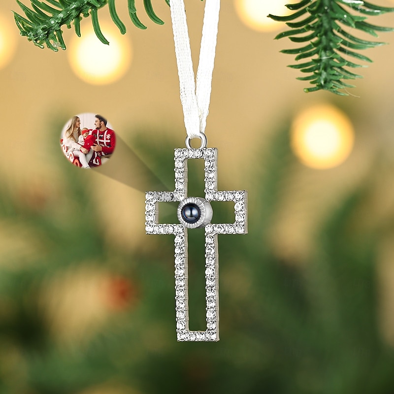 Personalized Christmas Photo Cross Projection Ornament Custom Picture Memorial Gift Charm Xmas Tree Hanging Decor, Christmas Gift for Her/Him/Family