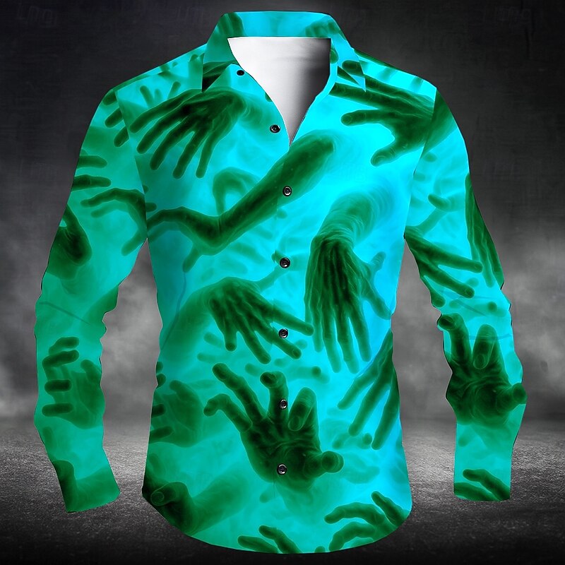Men's Unique Unusual Hand Halloween Costumes Shirt Button Up Shirt Long Sleeve Dark Punk Gothic Style Vacation Daily Streetwear Summer Spring Turndown 3D Print Collared Shirts Red Blue Purple Green2