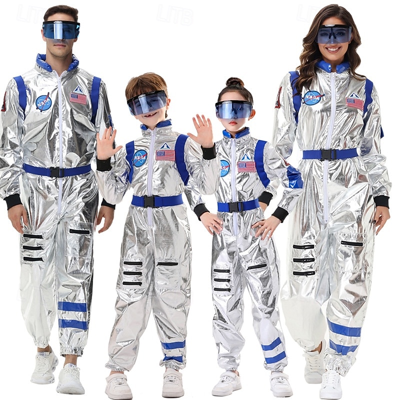Couples Astronaut Costume Jumpsuit Carnival Costume Onesie with Mask Group Costumes Silver Space Suit for Men Women with Embroidered Patches