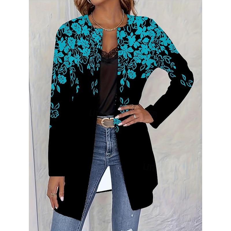 Women's Casual Jacket Comfortable Breathable Pocket Open Front Elegant Casual Boho Vintage Floral Casual Daily Wear Open Front Long Crewneck Regular Fit Long Sleeve Outerwear Pink Blue Spring Fall2