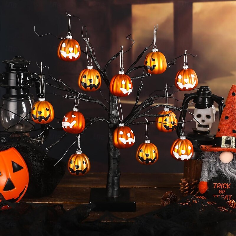 12 pcs Halloween Hanging Pumpkin Ornaments Fall Mini Ball Ornaments, 6cm Dual-Color Matte Painted Pumpkin Baubles with Happy Face for Christmas Tree, Halloween Party or Autumn Home Decor3