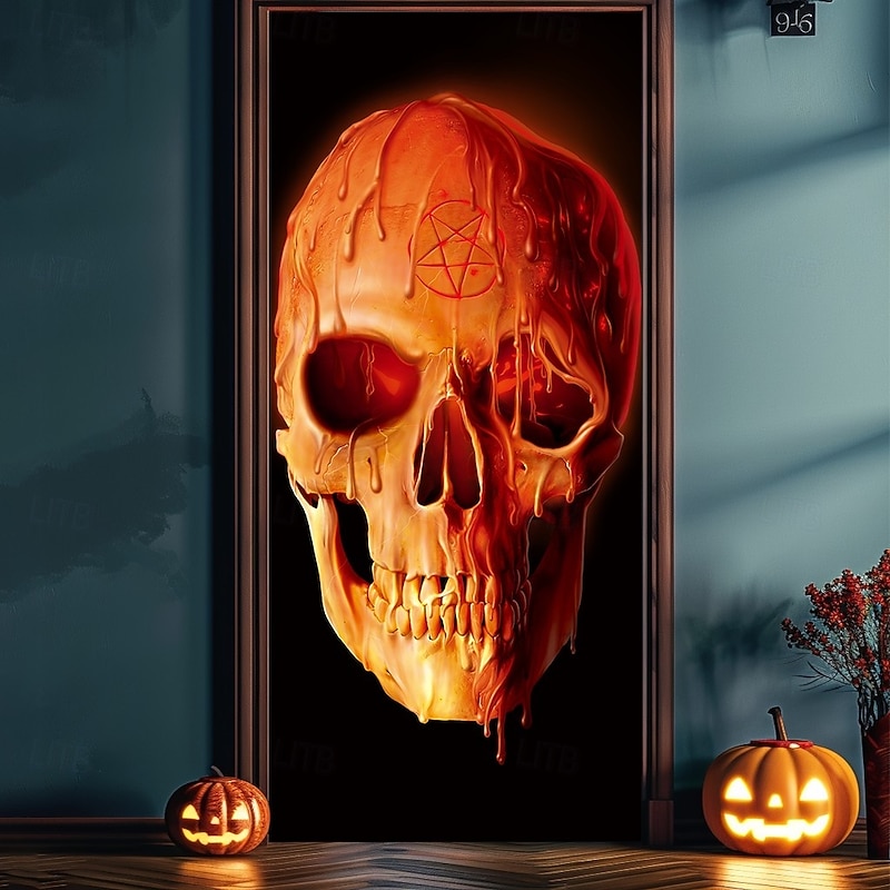 Wax Skull by Vincent Hie Halloween Door Covers Door Tapestry Door Curtain Decoration Backdrop Door Banner for Front Door Farmhouse Holiday Party Indoor Outdoor Decor Supplies2
