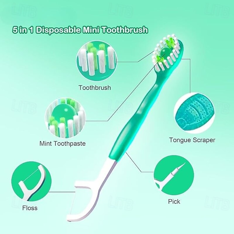 26 Pcs 5 in 1 Mini Toothbrush & Floss & Tongue Scraper & Toothpick Set Disposable Soft Bristle Travel Oral Care Kit Individually Wrapped for Home Hotel Use3