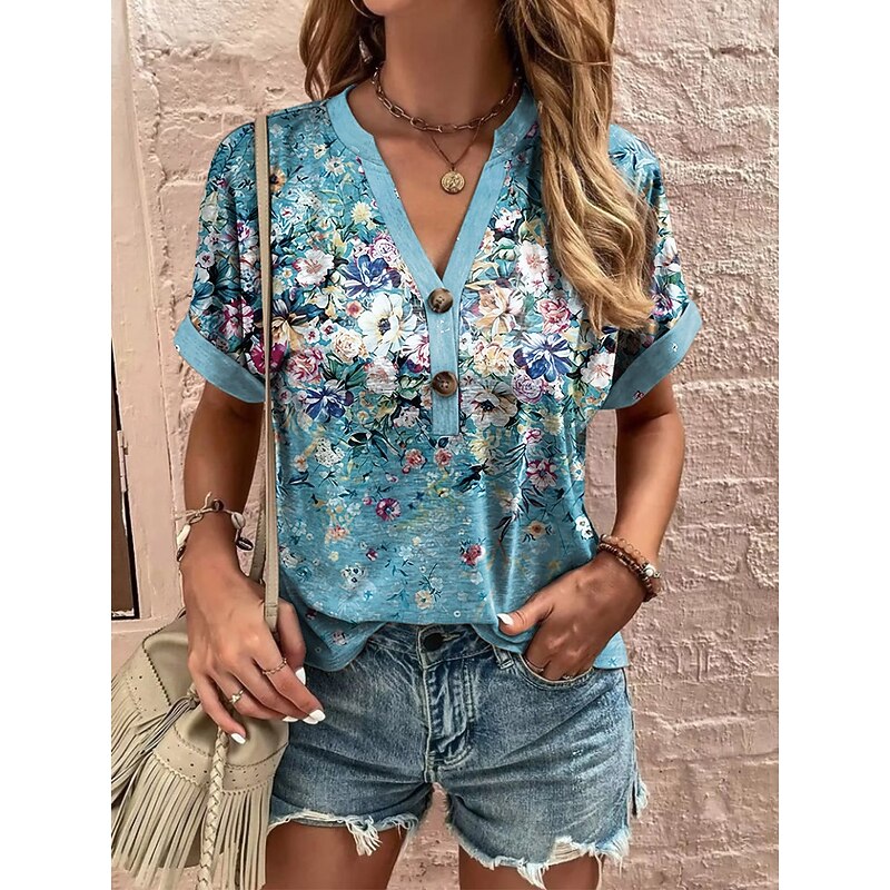 Women's T Shirt Floral Graphic Plants Vintage Stylish Classic Short Sleeve V Neck Notched Neck Regular Tops Daily Going out Weekend Print Red Blue Purple Orange Green Summer Spring2