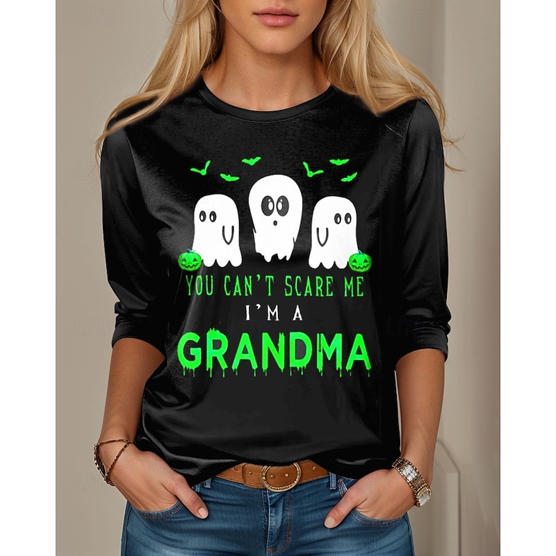 Halloween Women's T shirt Ghost Crew Neck Long Sleeve Tunic Graphic Letter Vintage Stylish Classic Regular Tops Daily Print Pink Blue Orange Green Spring Fall4