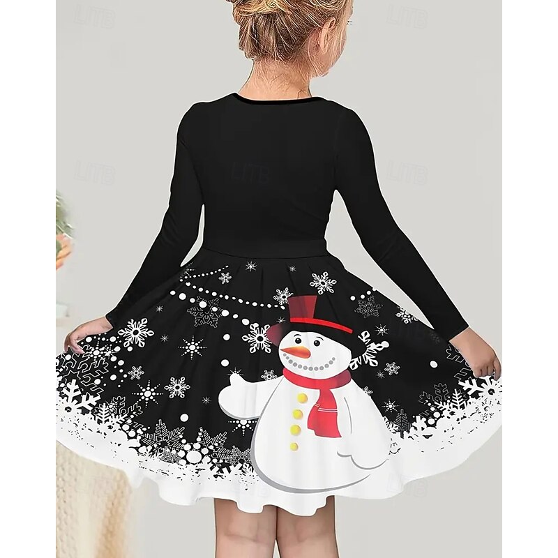 Girls' 3D Snowman Snowflake Dress Long Sleeve Summer Spring Vacation Daily Holiday Princess Beautiful Sweet Kids 4-12 Years Casual Dress A Line Dress Knee-length Regular Fit4