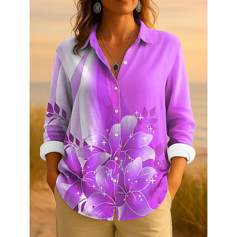 Women's Shirt Button Down Tunic Shirt Collar Long Sleeve Floral Graphic Elegant Vintage Tropical Regular Tops Work Daily s Print Pink Blue Purple Green Spring4