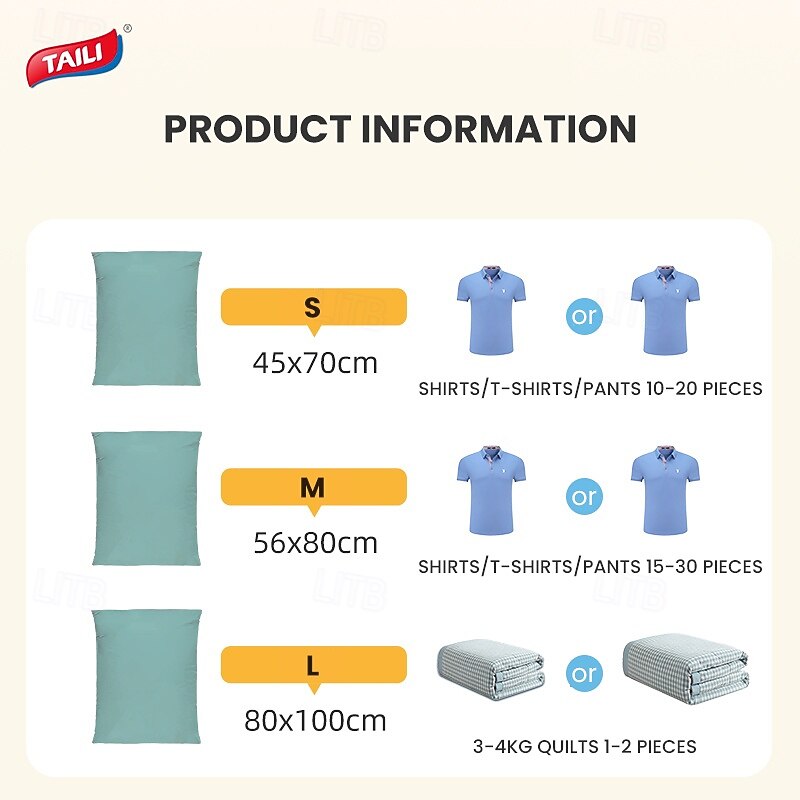 TAILI Vacuum Storage Bags, Vacuum Seal Bags for Clothing, Large Space Saver for Clothes, Pillows, Bedding, Sweater, Closet Organization, Manual or electric (without air pump)2
