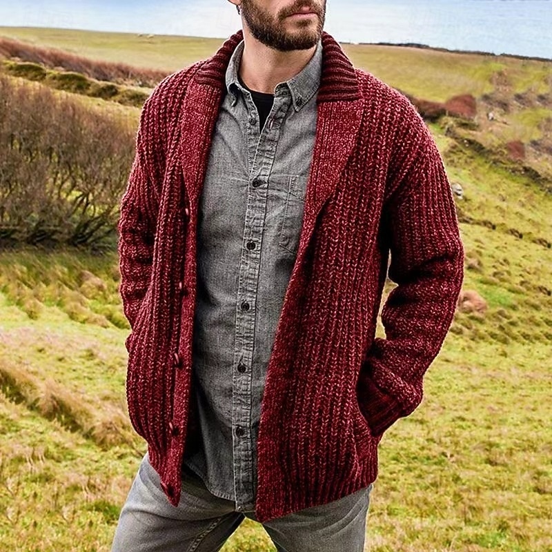 Men's Sweater Cardigan Sweater Ribbed Knit Regular Tops Button Up Plain Shawl Collar Vacation Fashion Casual Daily Wear Clothing Apparel Spring &  Fall dark brown caramel S M L2