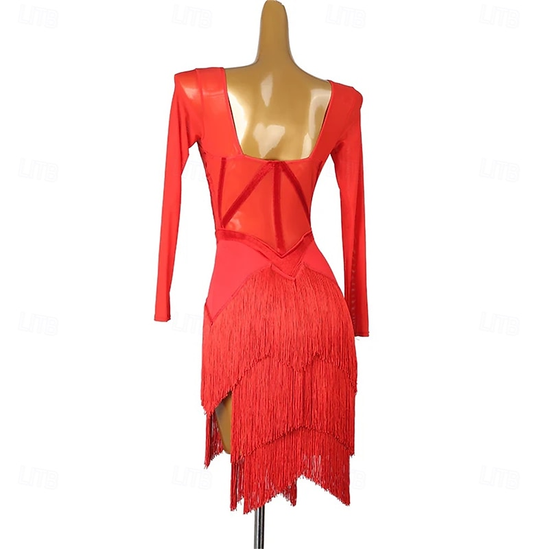 Latin Dance Dress Splicing Women's Performance Training Party Long Sleeve High Nylon2