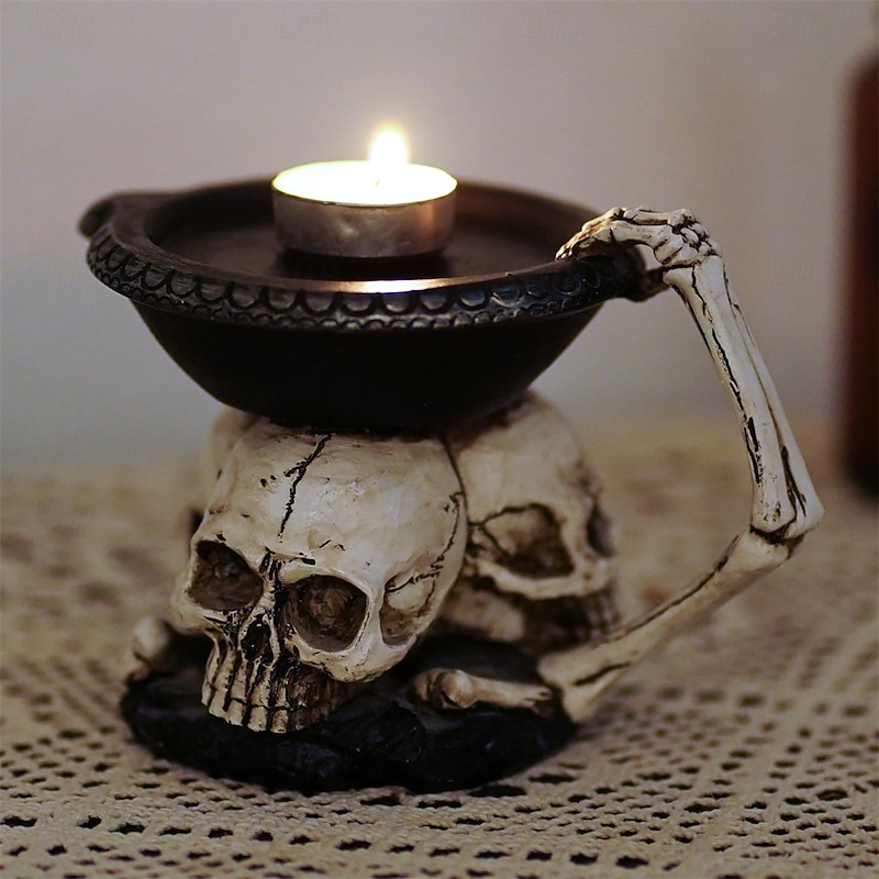 Halloween Statue Skull Candle Holder Tray Spooky Entryway Tabletop Organizer Gothic Resin Decor Halloween Theme Decoration Display Prop for Haunted House or Party4