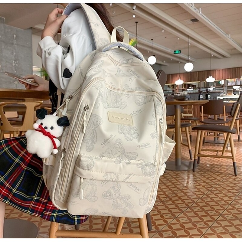 Women's Beige Printed School Backpack with Cute Plush Keychain, Lightweight Large Capacity Bookbag for Teen Girls, College, and Casual Daily Use, Available in Two Sizes2