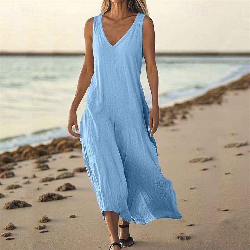 Women's Long Dress Maxi Dress Casual Dress Summer Dress Fashion Modern Daily Beach Weekend Regular Fit Plain Sleeveless V Neck White Blue Apricot Spring Fall2