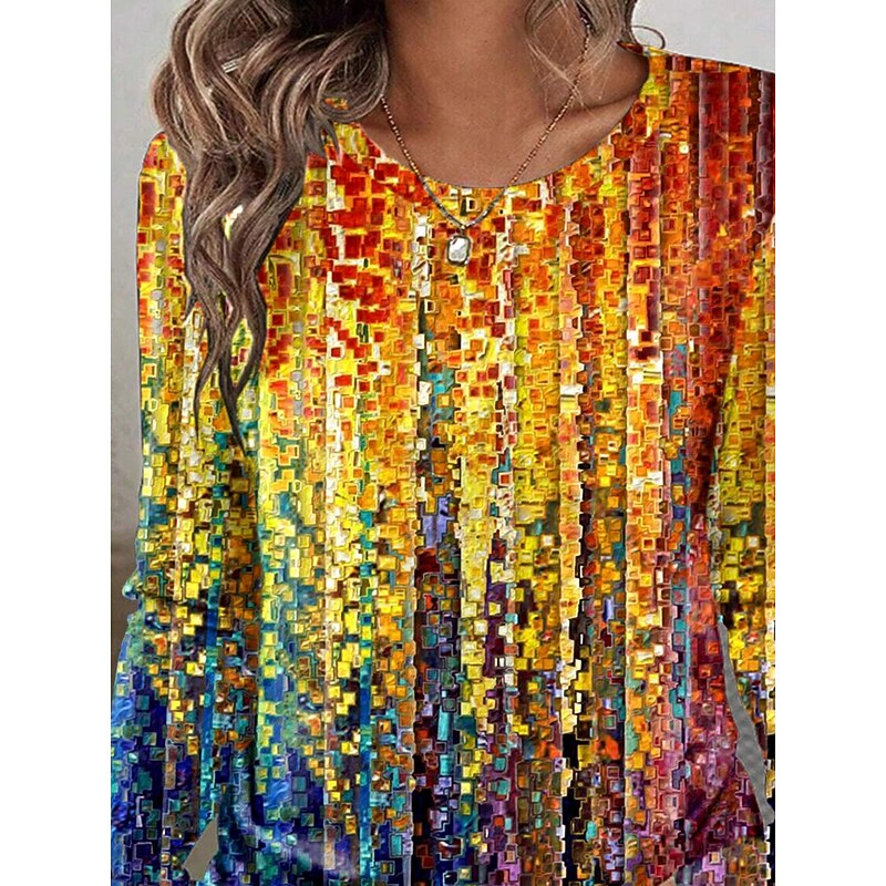 Women's T shirt Crew Neck Long Sleeve Tunic Ombre Graphic Rainbow Vintage Stylish Classic  Round Neck Regular Tops Daily Print Orange Fall2