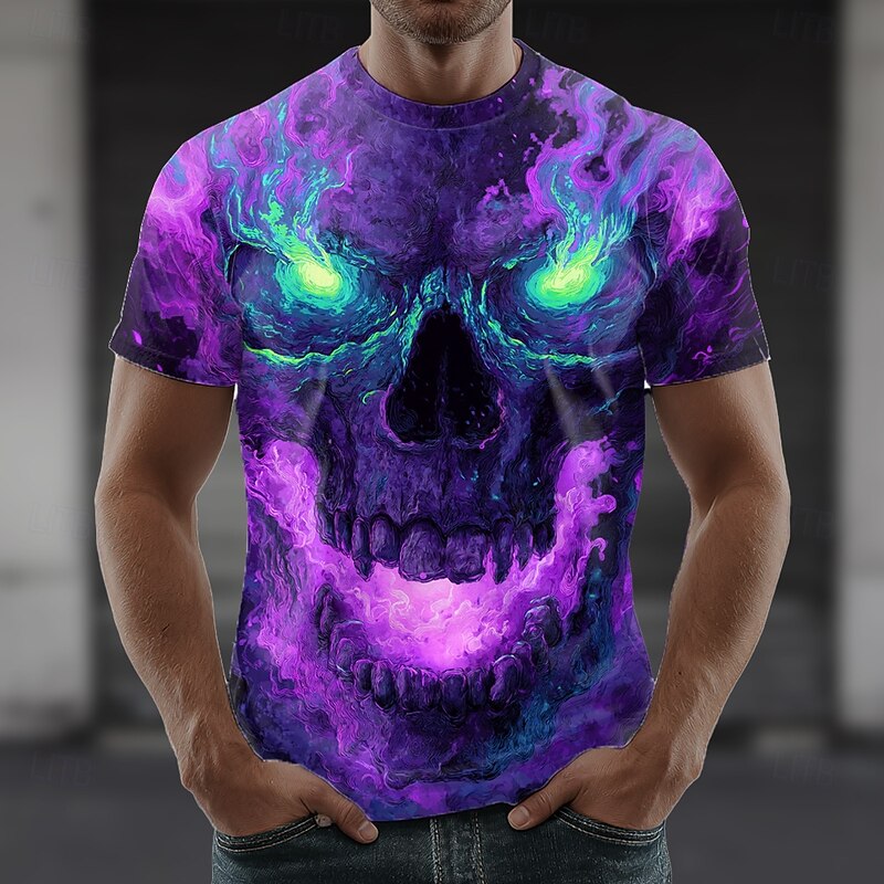 Halloween Men's Skull Optical Illusion 3D T Shirt Short Sleeve T shirt 3D Print Crew Neck Shirt Exaggerated Designer Horror Party Street Casual Red Purple Green Summer Spring All Seasons Clothing