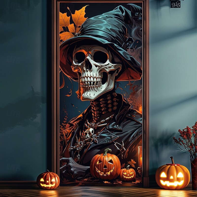 Halloween Door Covers Skeletons Witch Door Tapestry Door Curtain Decoration Backdrop Door Banner for Front Door Farmhouse Holiday Party Indoor Outdoor Decor Supplies2