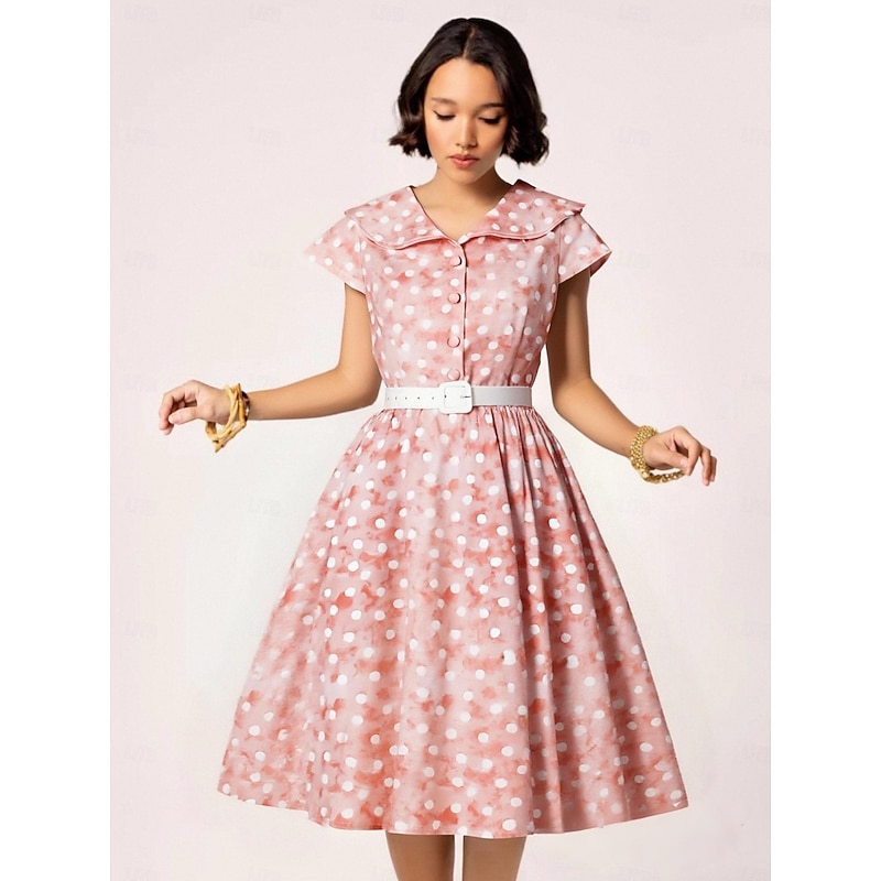 Retro Vintage 1950s Rockabilly Midi Swing Dress Flare Dress Shirt Dress With Belt Fit and Flare Polka Dot Fancy Dress Women's Masquerade Vacation Casual Retro Theme Party Adults Dress Belt Spring