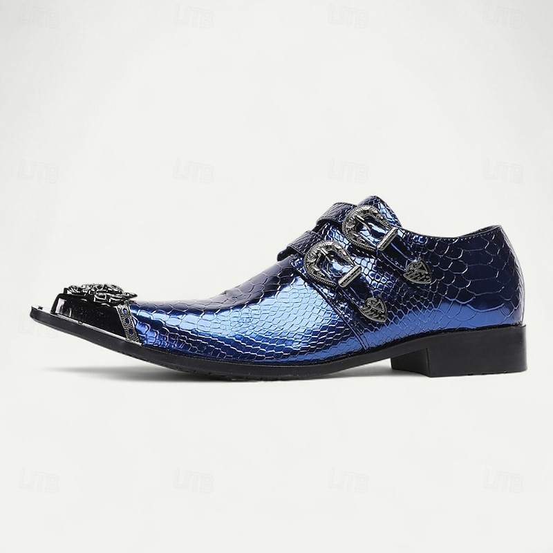 Men's Blue Crocodile-Patterned Monk Strap Shoes - Premium Cowhide Double Buckle Monk Shoes for Men - Perfect for Fashion-Forward Formal Events and Special Occasions3