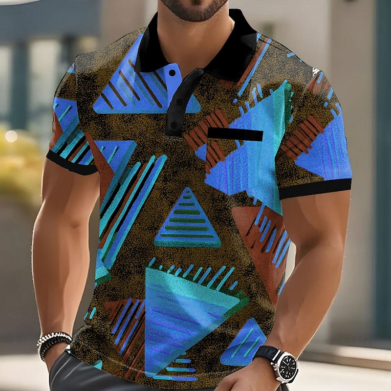 Men's Geometric Pattern Polo Short Sleeve Polo Shirts Collared Shirts Casual Outdoor Athleisure Daily Wear Pocket 3D Print Buttons Summer Yellow Red Blue3